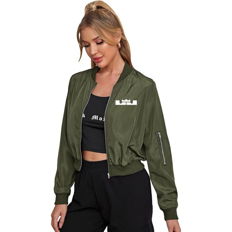 Women's Lebron James Lightweight Bomber Biker Jacket Zip up Windbreaker Crop Bomber Jacket Coat